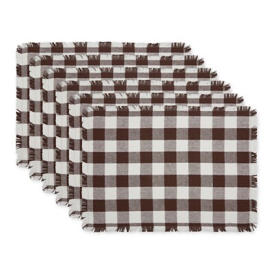 Design Imports CAMZ14813 Bark Brown Heavyweight Check Fringed Placemat Set of 6-image
