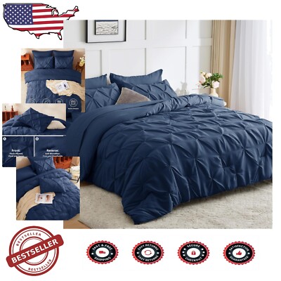 5-Piece Navy Blue Twin Comforter Set with Pinch Pleat - Cozy & Machine Washable-image