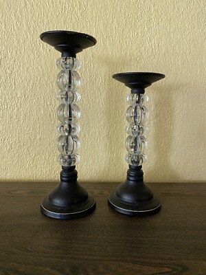 Pier 1 Candle holders - Black metal with clear Lucite Ball design - Set of 2 -image