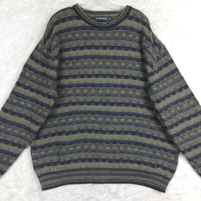 Carmel Mens Sweater Golf Grandpa Ribbed Knit Blue Brown Stripe Cozy Comfort XL -image