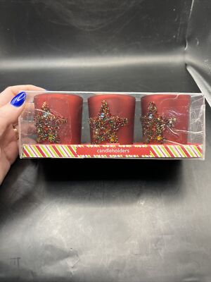 SET OF 3 PIER 1 IMPORTS GLASS FROSTED RED CANDLE HOLDERS BEAD STAR DESIGN 2 1/2