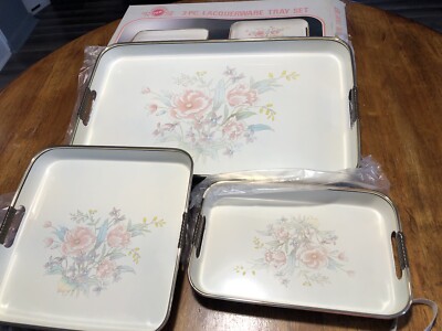 NOS VTG  JAY IMPORT 3 Pc LACQUERWARE TRAY SET PINK ROSE DESIGN JAPAN Free Ship-image