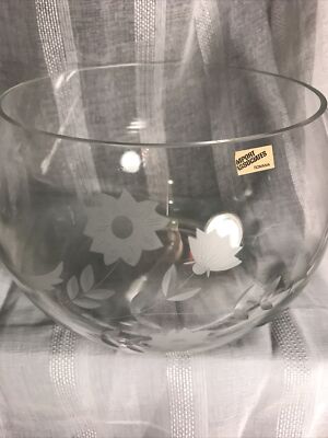 IMPORT ASSOCIATES ROMANIA Vintage  CLEAR Frosted GLASS BOWL Floral design Large-image