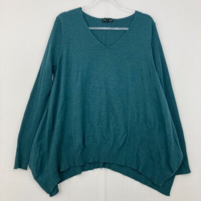 Eileen Fisher Large Teal V Neck Merino Wool Soft Cozy Relaxed Pullover Sweater-image