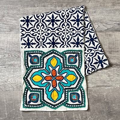Pier 1 Bright Geometric Winter Table Runner 13” X 70” White Blue Snowflake Decor-image