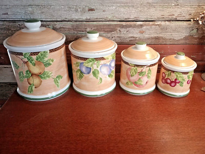Jay Imports 4 pc Ceramic CANISTER SET w/Lids ~ Newbury/ Fruita Fruit Design-image