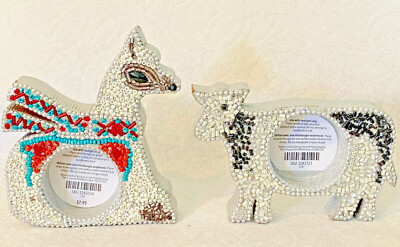 PIER 1 Wood Tea Light CANDLE Holders: Beaded LLAMA or COW Painted Silver New!-image