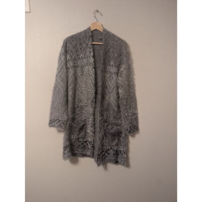 Eddie Bauer Long Cardigan Womens M Grey Fuzzy Warm Cozy Winter Pockets-image