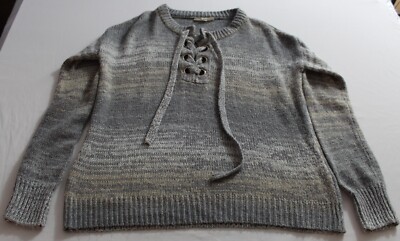 Lovestitch Lace Up Sweater Gray Neutral Tone Striped Tight Knit Women Large-image