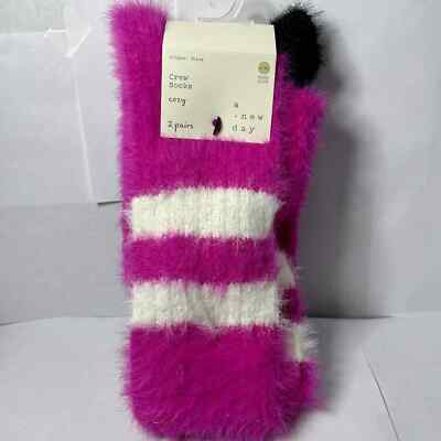 NWT 2 Pairs Fuzzy Cozy Crew Socks Shoe SZ 4-10 Pink & Black A New Day-image