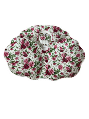 Vintage Jay Imports Tidbit Candy Trinket  Dish Tray with Handle  Rose Design-image