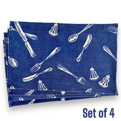 Pier 1 Imports Blue Denim Placemats w Table Cutlery Cotton Set of FOUR 13 x 19