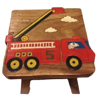 Sea Island Imports Fire Truck Design Children's Stool, Hand Carved Acacia Wood-image