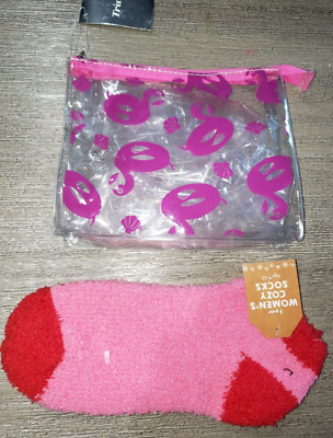 WOMEN'S NEW PINK RED COZY SOCKS COSMETIC BAG SWANS TRAVEL ZIPPER TOP-image