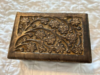 Handmade Wooden Jewelry Trinket Box Hand Carved Floral Design New Age Imports-image