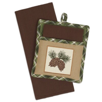 Pinecone Sprig Plaid Potholder & Kitchen Hand Towel Gift Set-image