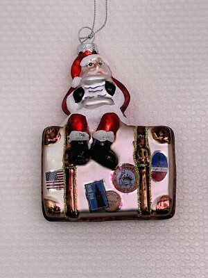 Raz Imports International Travel Santa on Luggage Glass Ornament 4.75” 🎄-image