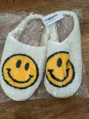 Smiley Face Slippers 40 41  Happy Sherpa White Yellow 9 10 Cozy Comfy Slippers-image