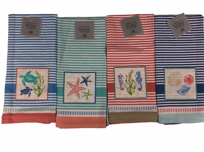 Design Imports Seaside Beach Striped Embellished Dishtowel Set of 4 NWT -image