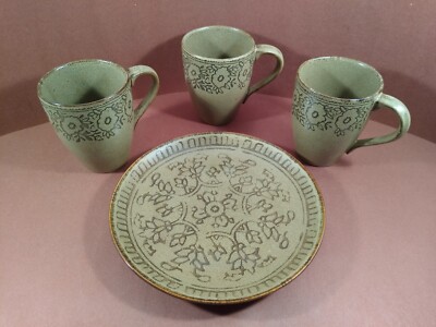 Pier 1 Coffee Cups Mugs w/ Plate (Matching Designs) Good Shape! 3 Cups/1 Plate-image