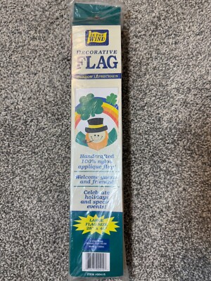 Vintage 1998 NEW In The Wind Decorative Flag Rainbow Leprechaun Large 28