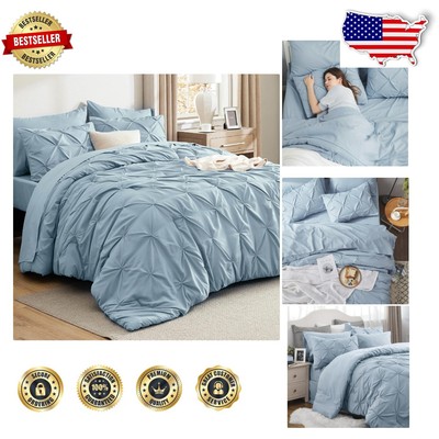 Soft & Cozy King Size Comforter Set - Light Blue Pintuck Bedding for All Seasons-image