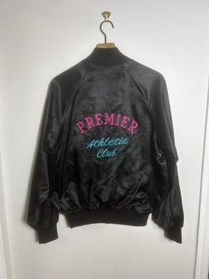 Vintage 80s Black Bomber Jacket The Athletic Club Embroidered Medium USA VTG-image