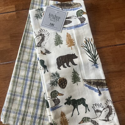 NWT Kitchen Dish Towel Set Of 2 Masculine Rustic Cabin Plaid Design Imports DII-image