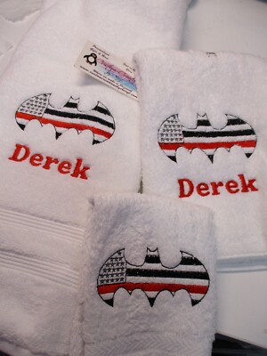 Batman Fireman Red Line Flag Policeman Personalized 3 Piece Bath Towel Set-image