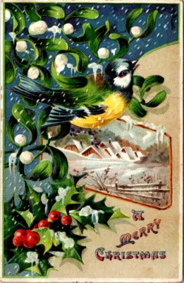 Christmas Vintage Postcard Snowy Village Winding Road Scene Holly Birds Singing-image