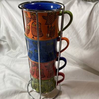 Pier One Imports Owl bird Mug Set Stackable,  green blue red orange, HandPainted-image