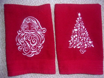 SANTA CLAUS AND CHRISTMAS TREE ETCHED EMBROIDERY RED HAND TOWELS  SET OF 2-image