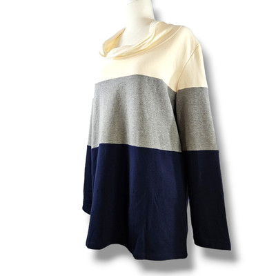 EUC Real Comfort Color Block Soft Cozy Cowlneck Top Sz. L Cream Gray Blue-image