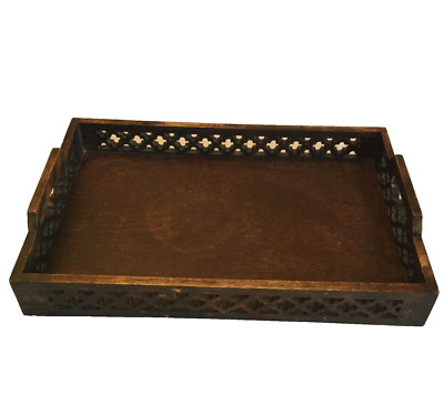 PIER 1 IMPORTS WOODEN TRAY BROWN HAND CARVED JALI DESIGN VINTAGE 90s DECOR 17x11-image