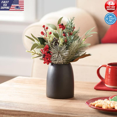 Decorative Artificial Eucalyptus Pine Arrangement Black Ceramic Vase Indoor Use-image