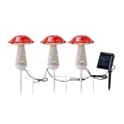 Mainstays 3 pack solar glass and metal outdoor decorative mushroom light stake.-image