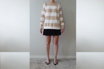 Time & Tru Cream & White Striped Knit Cozy Crewneck Sweater Size L-image