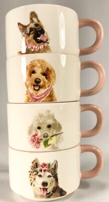 PIER 1 IMPORTS Dolomite Cups Mugs Pink 8 Oz Puppies Dogs Stacking Set of 4 NWOT-image