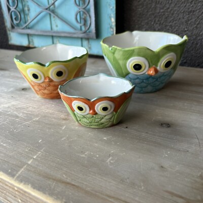 Pier 1 Imports Hand Painted Stoneware Owl Nesting Measuring Cups (3) Replacement-image