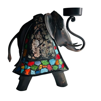 Pier 1 Metal Elephant Tea Light Candle Holder Boho Colorful Mosaic 8 Inch India-image