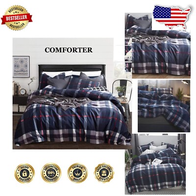Navy Blue Plaid Comforter Set - Full Size 3Pcs Tartan Bedding for Cozy Rooms-image