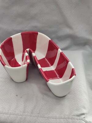Pier One Imports Ceramic Christmas  Candy Cane Design Candy/Nut Dish Red White -image