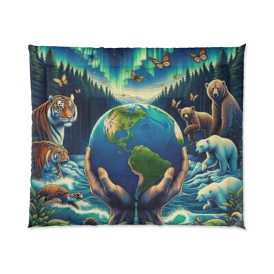 King Size Comforter Home Decor Retro Style Earth Day Animal Nature Conservation-image