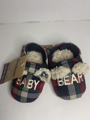 DEARFOAMS Kid's Cozy Comfort PLAID BABY BEAR SLIPPERS SIZE 5/6 Memory Foam NEW-image