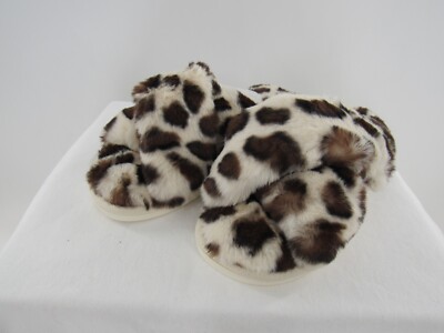 Soft Surroundings Cozy Faux Fur Ivory Leopard Slippers Large L/XL (9-11) New-image