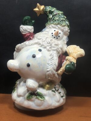 VTG Christmas Snowman Wind Up Ceramic Figurine Musical Music Box 7-1/2” H Works-image