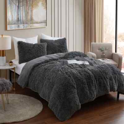 NEW! ~ COZY ULTRA SOFT & PLUSH LUXURIOUS CHARCOAL GREY FUR COMFORTER BLANKET-image