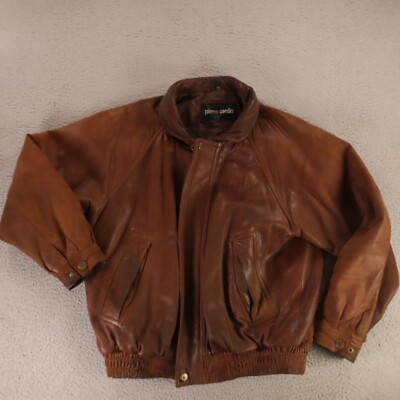 VTG Pierre Cardin Jacket Mens L Brown 100% Leather Genuine Bomber Distressed-image