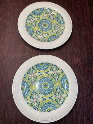 Pier 1 Imports ATLAS 11” Geometric Dinner Plates Blue Green Set Of 2-image