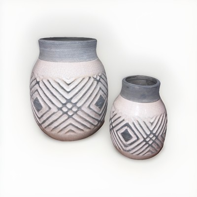 Pier 1 Imports Set Of Two Pottery Cases Aztec Design Grey & Ivory-image